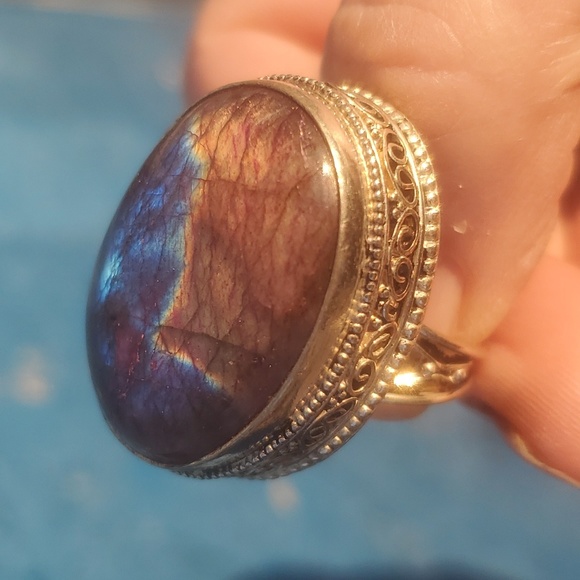 New Multicolor Flash Labradorite Antiqued 925 Silver Ring. - Picture 6 of 16